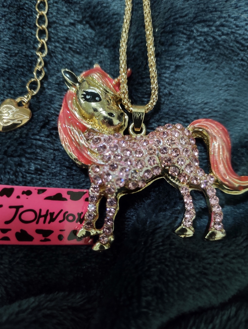Betsey Johnson Pink Crystal Pony Pendant Necklace with Gold-Tone Chain